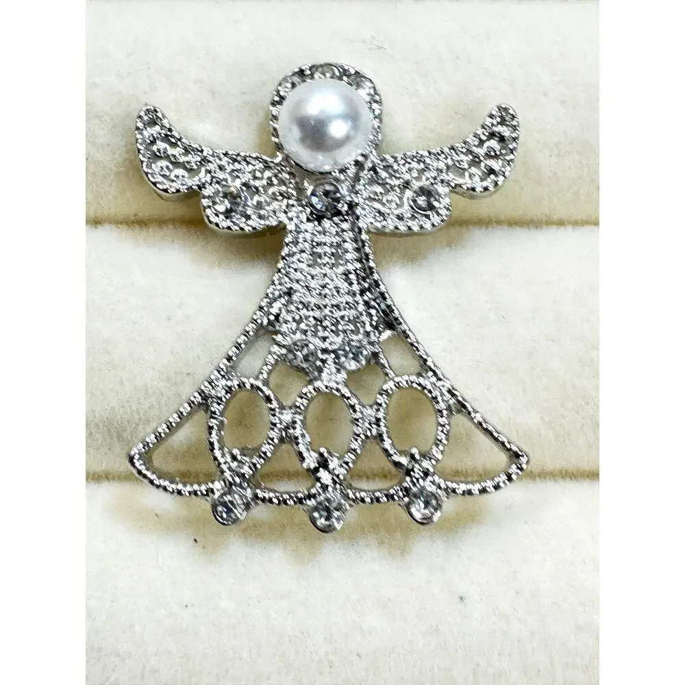 Silver Tone Angel Lapel Pin Brooch Faux Pearl Rhinestone Christmas Holiday CP255